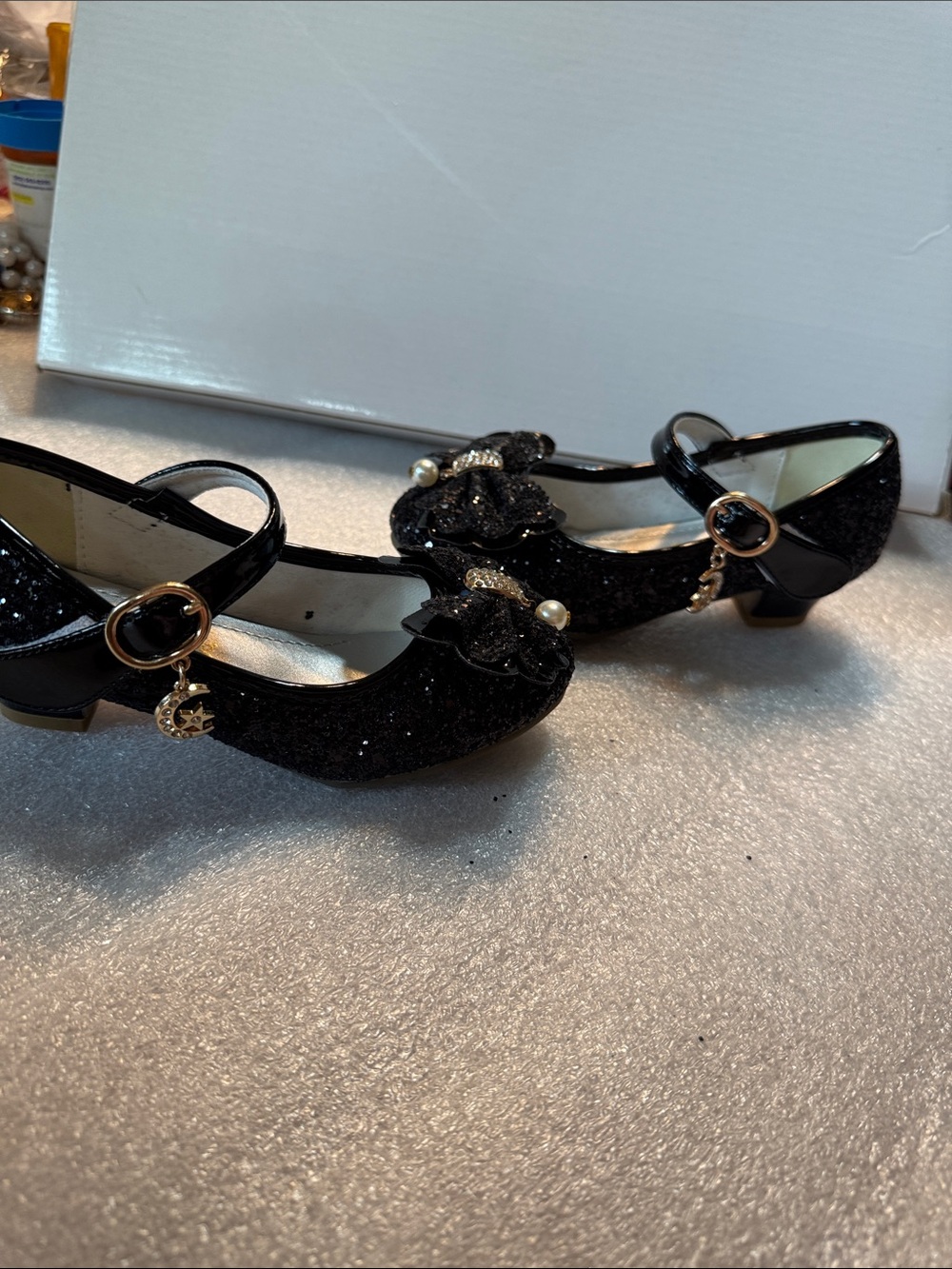 Black Glitter Mary Jane Heels with Bow Detail - Picture 12 of 12